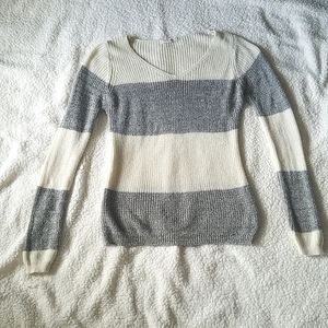 Pink Rose L Gray and Cream Striped Knit Sweater